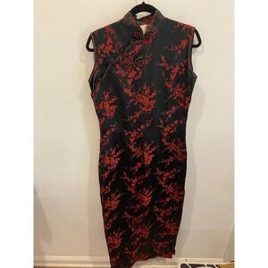 Peony Brand Shanghai China Black Red Floral Silk Cheongsam Qipao Dress Size 38